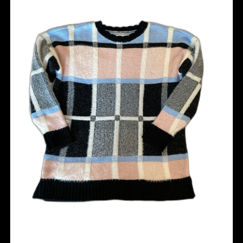 Elle Sweater Womens Size Medium Plaid Pink Blue Design Scalloped Neck‎ Crewneck